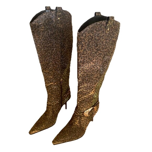 Jessica Simpson Animal Print Fabric Kenzin Tall Boots Size 10M Embellished - Picture 1 of 15